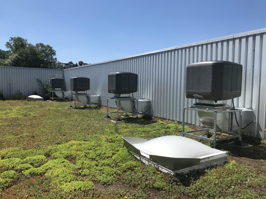 Hallenkühlung Kühlung & Heizung von Hallen Multifunktionale Lösungen – auch mit PV-Anlagen kombinierbar Nicht immer müssen Verdunstungskühler aufwendig an ein Kanalsystem angeschlossen werden. In diesem Projekt wurden unsere CW3 Geräte auf einem Gründach mithilfe von Standkonsolen montiert – flexibel, effizient und platzsparend. Die Halle wird hier mit nur maximal 6 kW elektrischer Leistungsaufnahme klimatisiert – in Kombination mit der vorhandenen Photovoltaikanlage quasi zum Nulltarif. ✅ Energieeffizient & klimafreundlich ✅ Kombinierbar mit erneuerbaren Energien ✅ Heizen & Kühlen in einem System