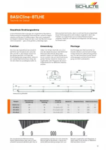 Technisches Infoblatt zur BASICline-BTLHE Hallenklimatisierung mit Diagramm und Maßzeichnung, orange Überschrift