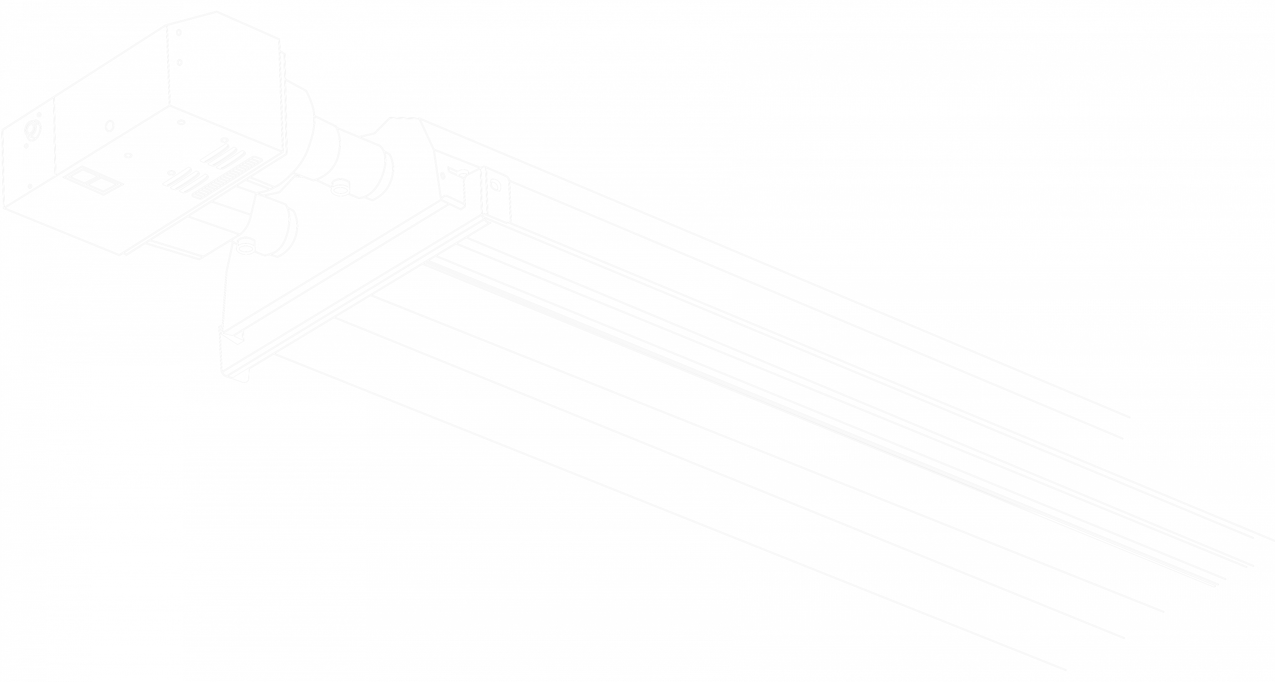 BTHE-Zeichnung-weiss Isometrische Darstellung eines Systems mit einem Kastenraum, Rohren und Schienen auf schwarzem Hintergrund