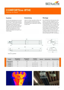 Werbeseite COMFORTline-BTHE mit Funktions-, Montage- und technischen Maßzeichnungen sowie Modelltabelle