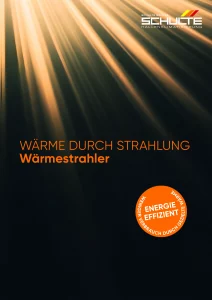 Werbeposter für HallenkIimatisierung: warme Strahlung, „Wärmestrahler“, mit orangefarbenem Effizienz-Emblem „Energie effizient“.